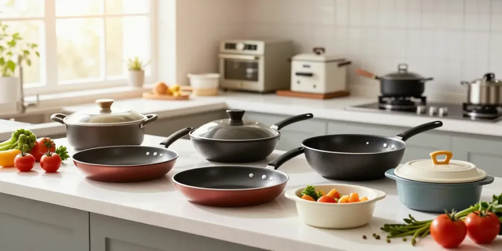 Non-Stick Cookware price in bangladesh displayed in a bright kitchen with fresh ingredients.