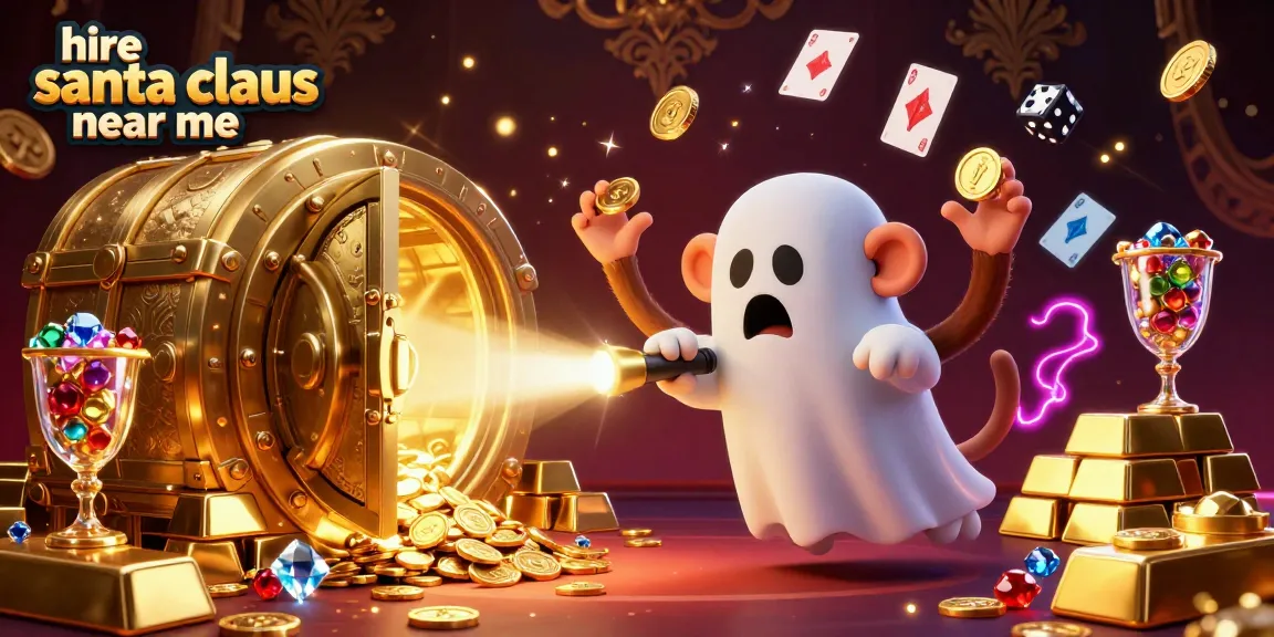 Engage with the magic of hiring Santa Claus near me in this vibrant casino scene filled with treasure.