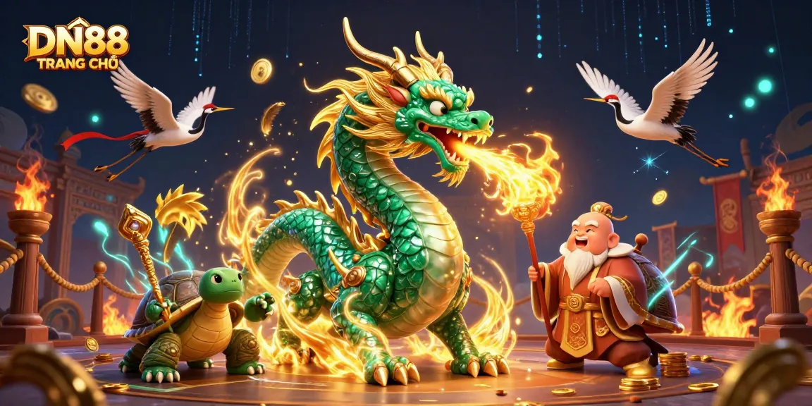 Engage with thrilling gameplay at DN88 TRANG CHỦ featuring a jade dragon and lucky cranes.