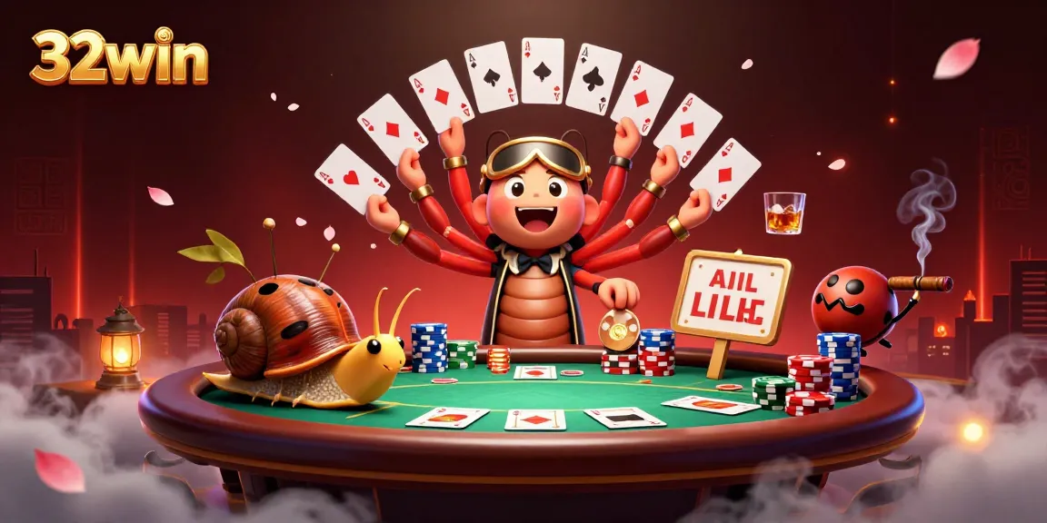 Join the excitement at 32win with a vibrant 3D casino scene featuring a millipede dealer and unique characters.