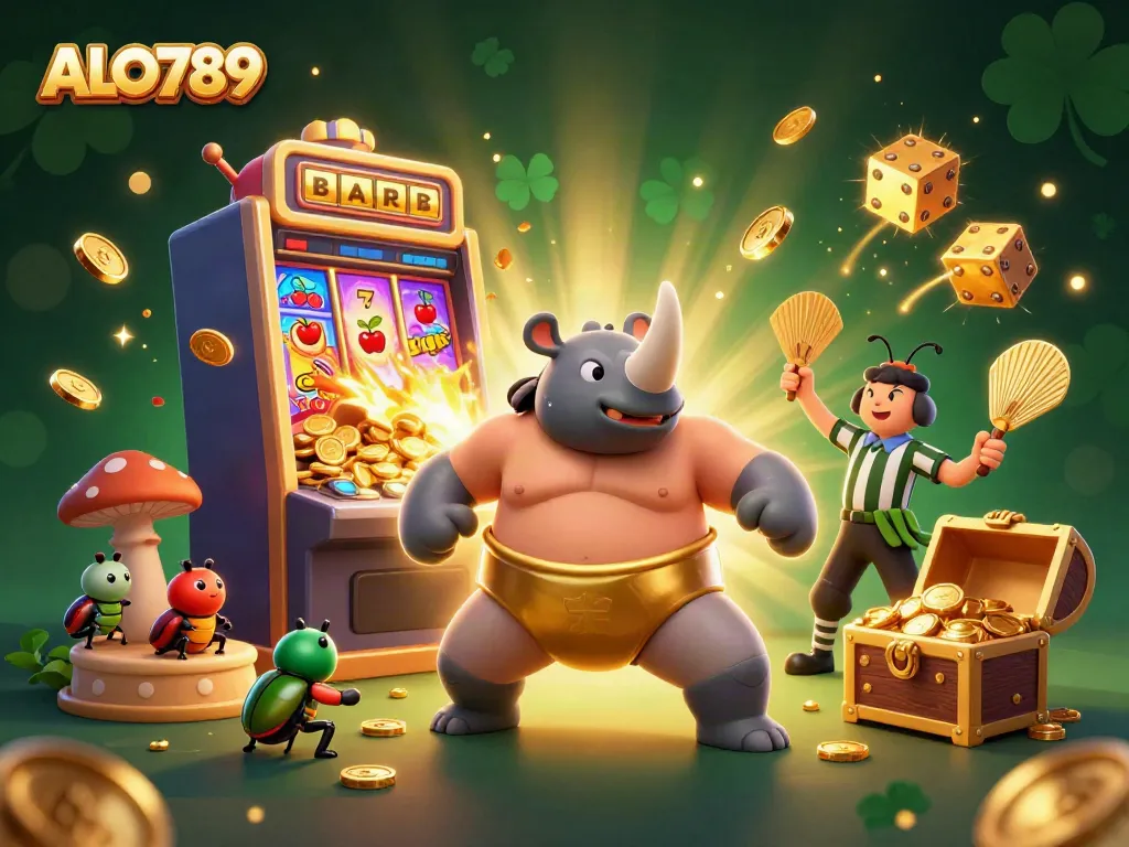Experience the excitement of ALO789 with a vibrant 3D scene of casino action and colorful characters.