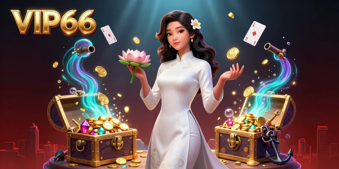 VIP66 showcases an elegant Asian woman holding a lotus and coins amidst exploding treasures, engaging in vibrant online gambling.
