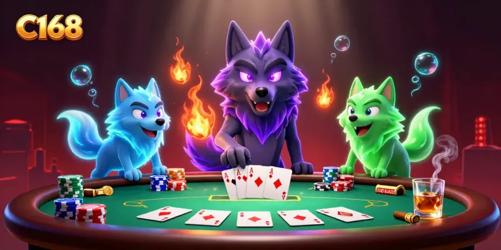 Experience C168's thrilling poker scene with spectral wolves and vibrant chips.