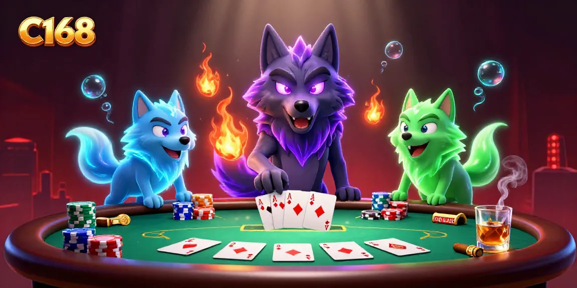 Experience C168's thrilling poker scene with spectral wolves and vibrant chips.