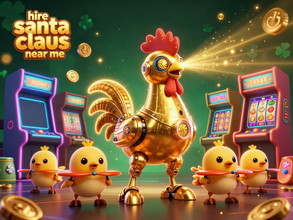 Engage with the excitement of hiring Santa Claus near me through retro-futuristic casino art.
