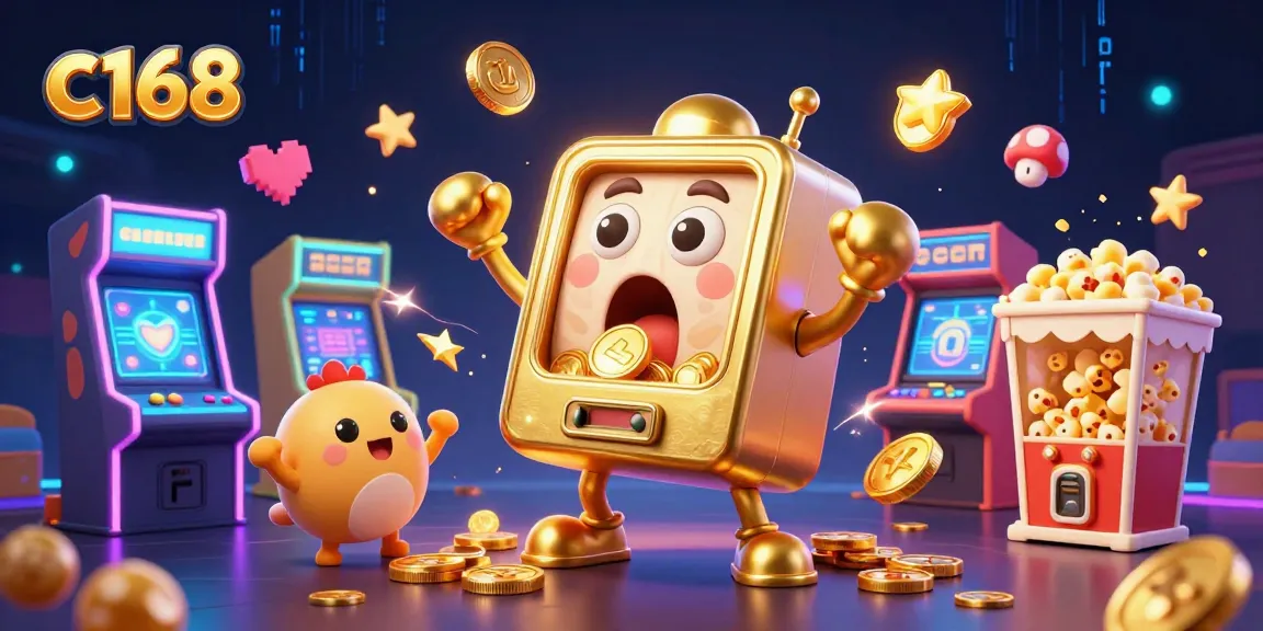 Experience thrilling gameplay at c 168 as a golden slot machine hits the jackpot, showering coins everywhere!
