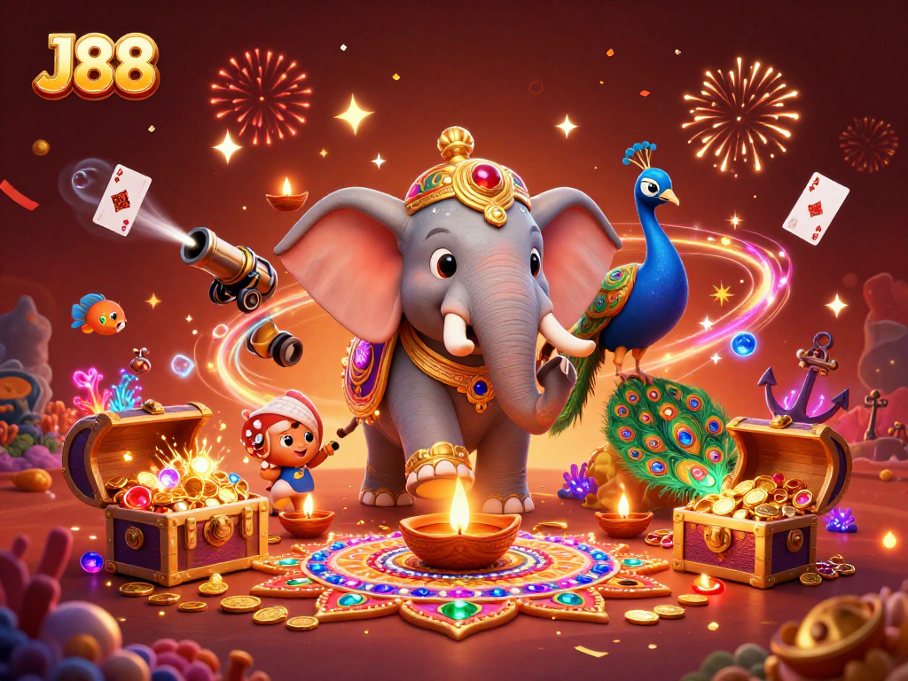 Spin the reels with J88's vibrant casino illustration, showcasing a dynamic gaming atmosphere.