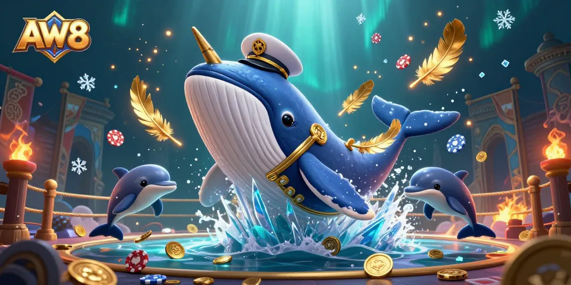 AW8 sea adventure with a whale, narwhal, and dolphins amidst casino elements and gold coins.
