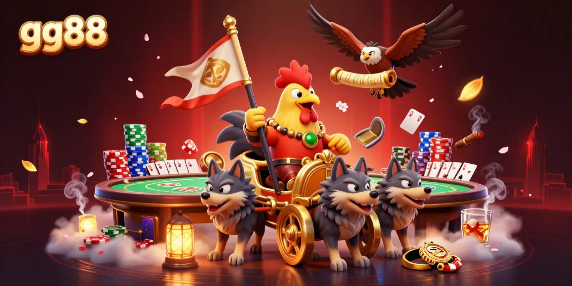 gg88 unleashes excitement with a cartoon rooster warlord in a vibrant casino scene filled with poker elements.