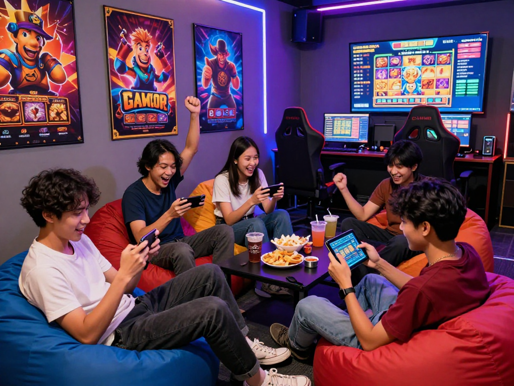 Friends enjoying slot gacor games in a vibrant online gaming lounge