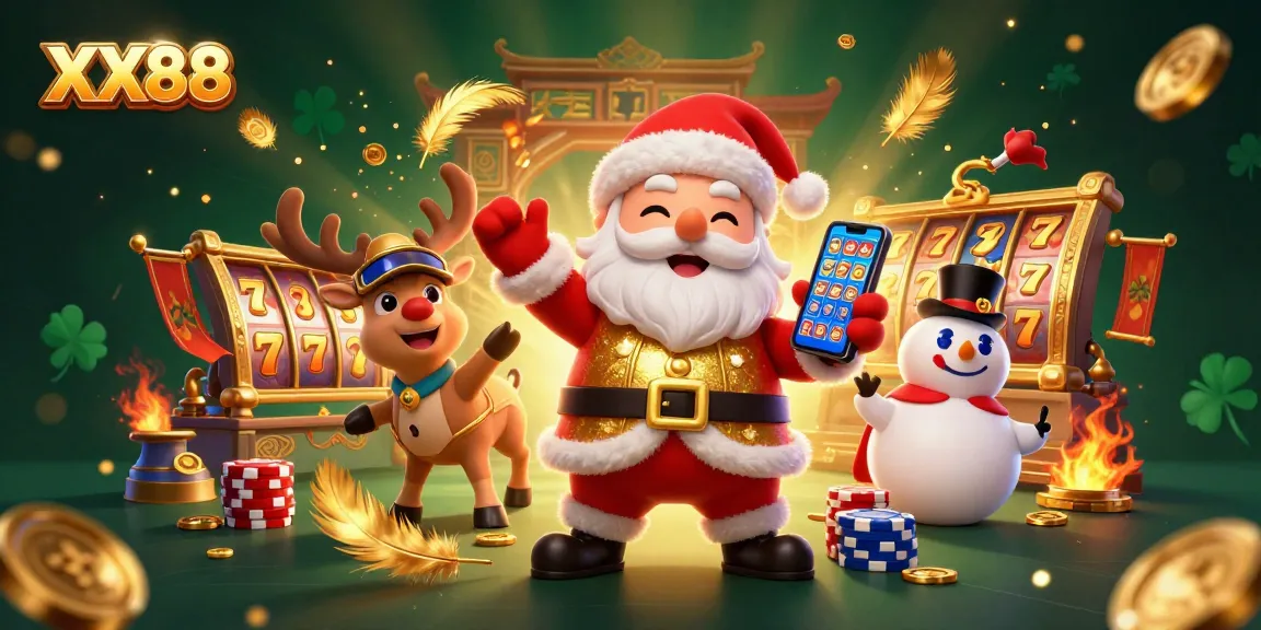 Experience winning slots at XX88 with a playful Santa, reindeer, and snowman in a vibrant casino scene.