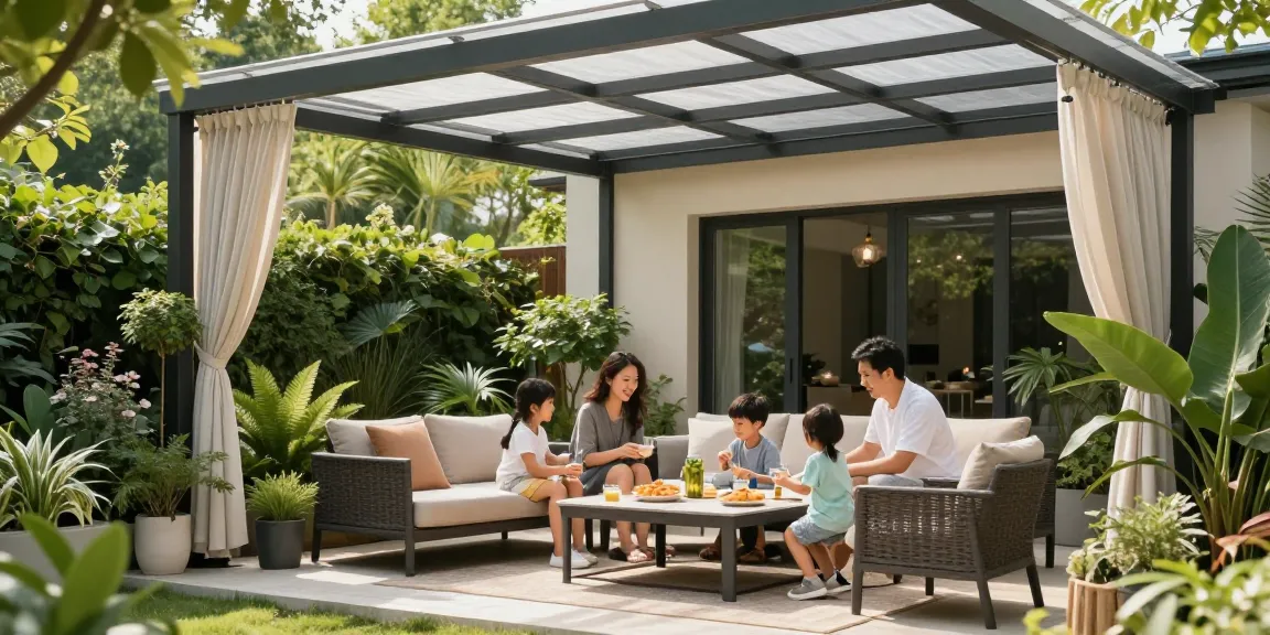 Terrassenüberdachung freistehend im Garten mit Familie, entspannte Atmosphäre.