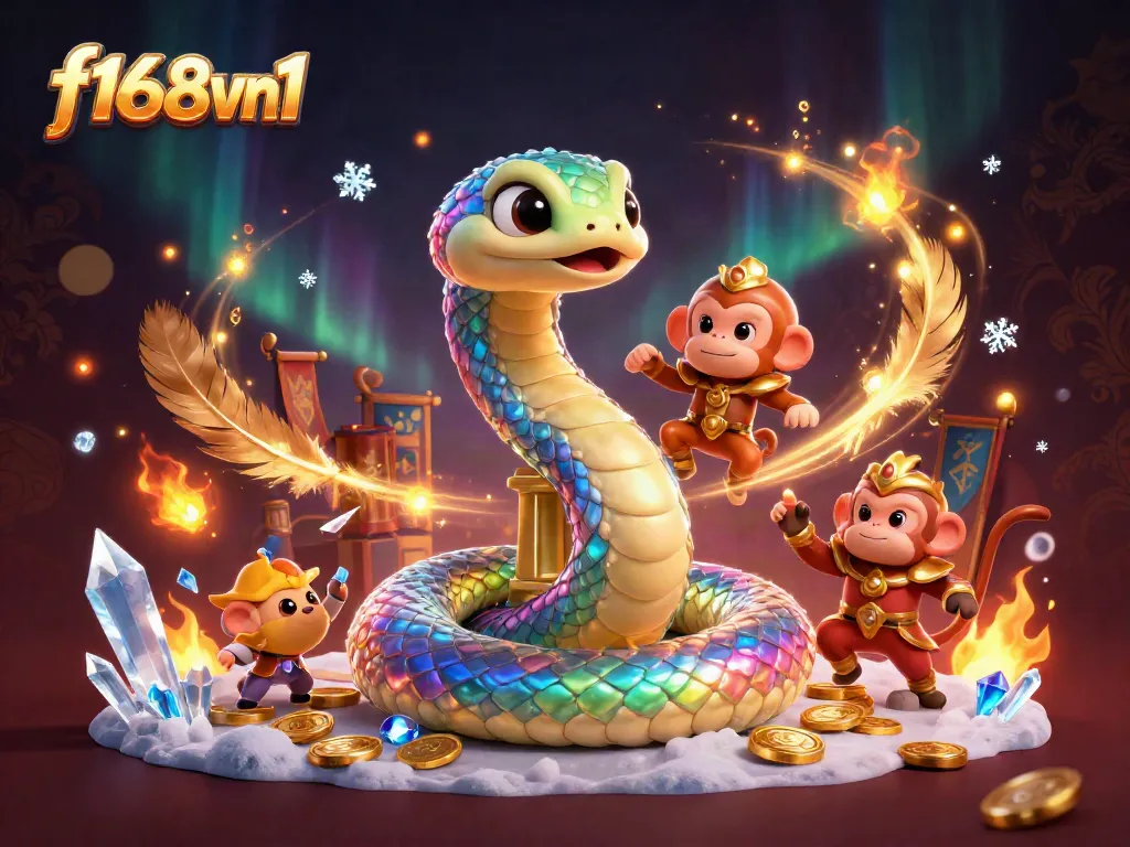 Engage with f168vn1 in a vibrant casino scene featuring a rainbow serpent and monkey king.