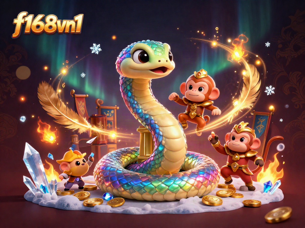 Engage with f168vn1 in a vibrant casino scene featuring a rainbow serpent and monkey king.