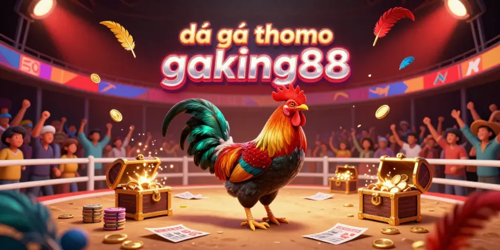 Action-packed scene of a cockfighting arena featuring betting slips and vibrant roosters celebrating the excitement of đá gà thomo gaking88.