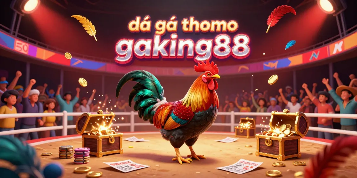 Action-packed scene of a cockfighting arena featuring betting slips and vibrant roosters celebrating the excitement of đá gà thomo gaking88.