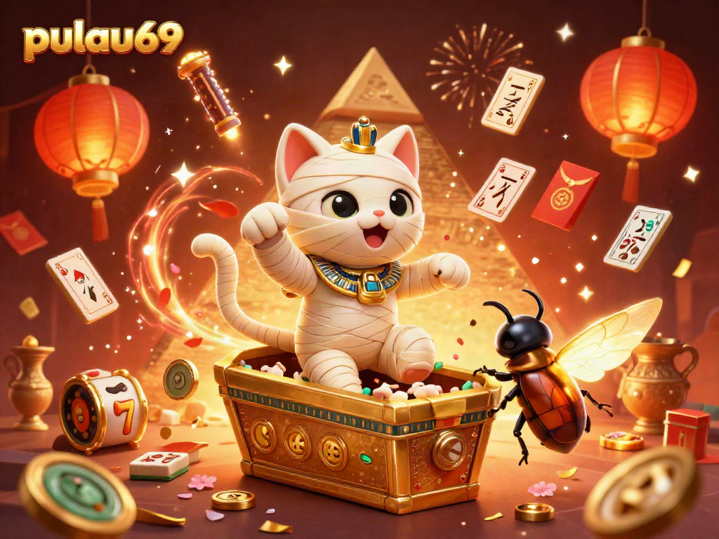 Pulau69 cat mummy celebrates a jackpot with fireworks and golden mahjong at a vibrant casino.