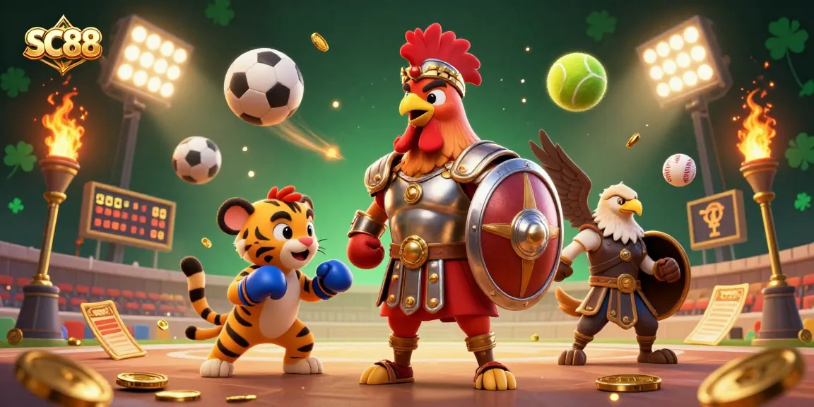 Experience excitement at SC88 with a dynamic 3D illustration depicting sports betting and casino action.