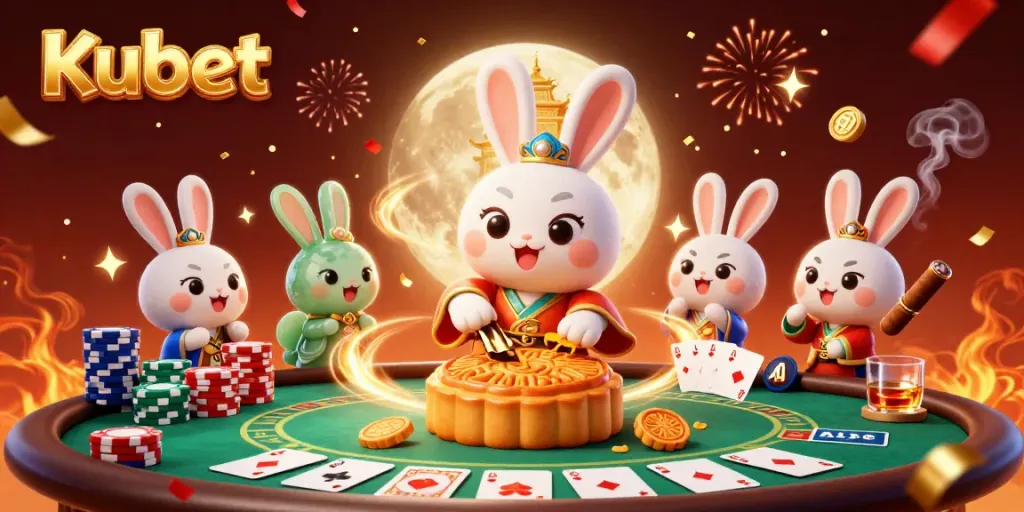 Kubet casino scene with a moon rabbit revealing poker chips, vibrant colors, and celebratory confetti.