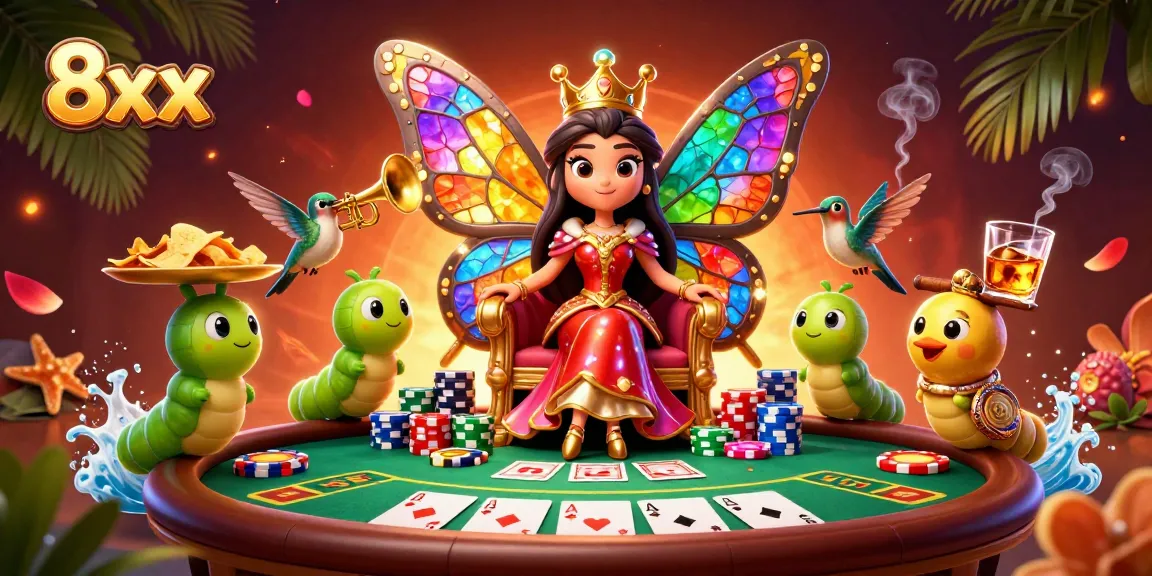 Experience the exciting world of 8xx gaming with the vibrant scene of a butterfly queen in a glamorous casino.