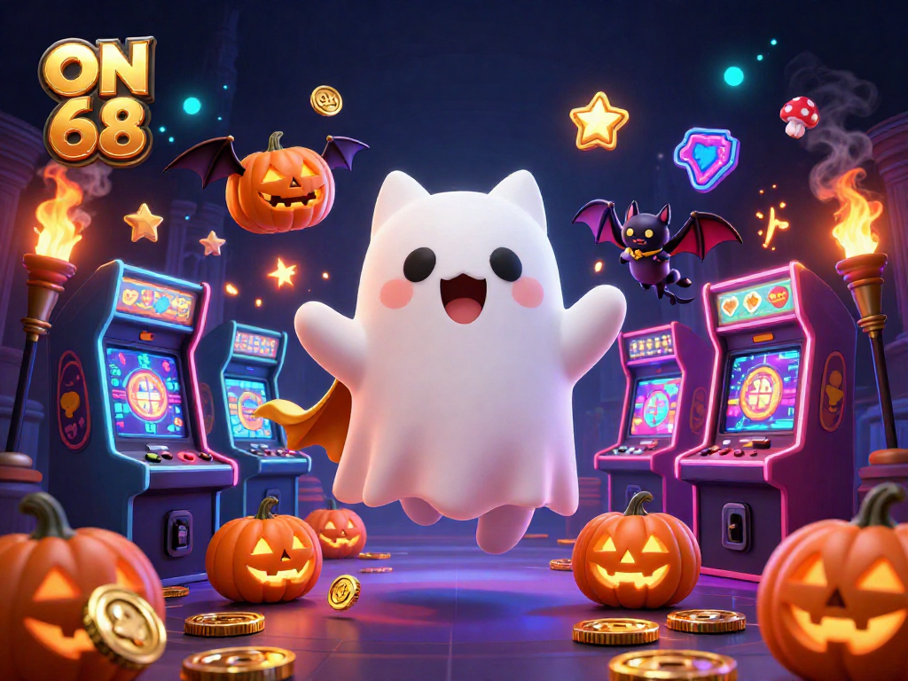 Engage in thrilling slots at ON 68 with a ghostly cat and magical casino ambiance.