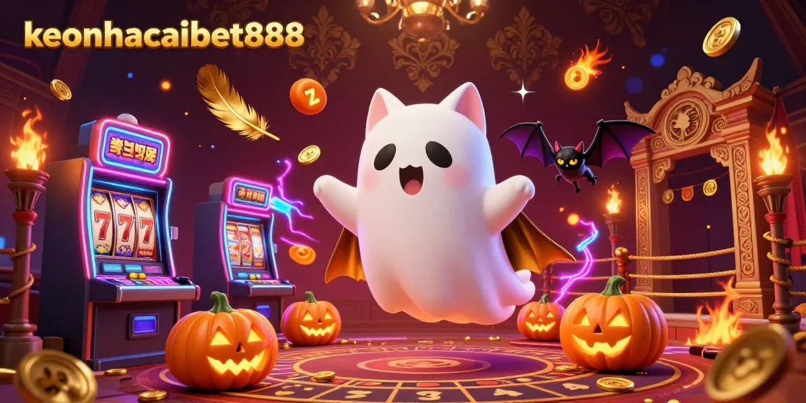 Engage with keonhacaibet888 in this vibrant casino illustration featuring a friendly ghost cat and a vampire bat.