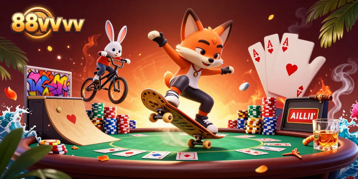 Experience the thrill of gaming with 88vv vv as a fox skates over golden poker chips amidst a vibrant casino scene.
