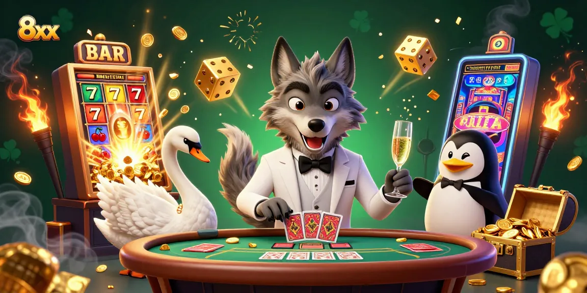 Experience thrilling 8xx casino action with a vibrant scene of animated characters at a baccarat table