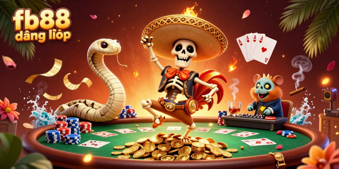 Experience the thrill of fb88 đăng nhập with a vibrant 3D casino scene featuring animated characters celebrating over poker games.