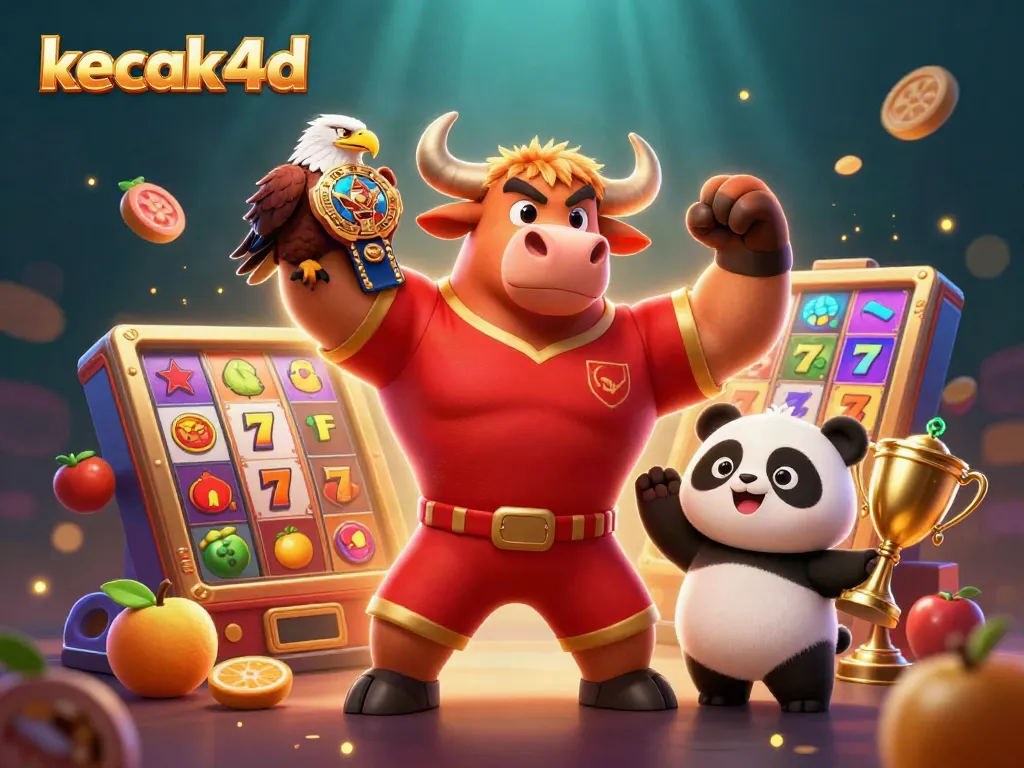Engage with the kecak4d slot game as a bull mascot celebrates with a trophy and eagle, amid vibrant symbols.