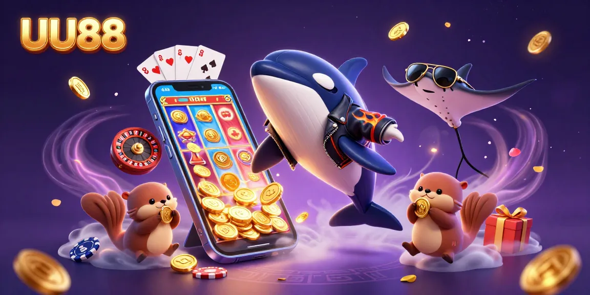 Experience the excitement of UU88 through this vibrant 3D illustration featuring casino elements in a dynamic underwater scene.
