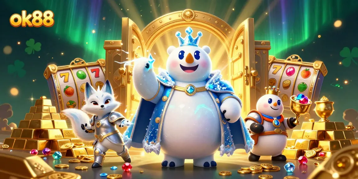 ok88 illustrates a jackpot scene with ice king, snow fox, treasures, and slot elements