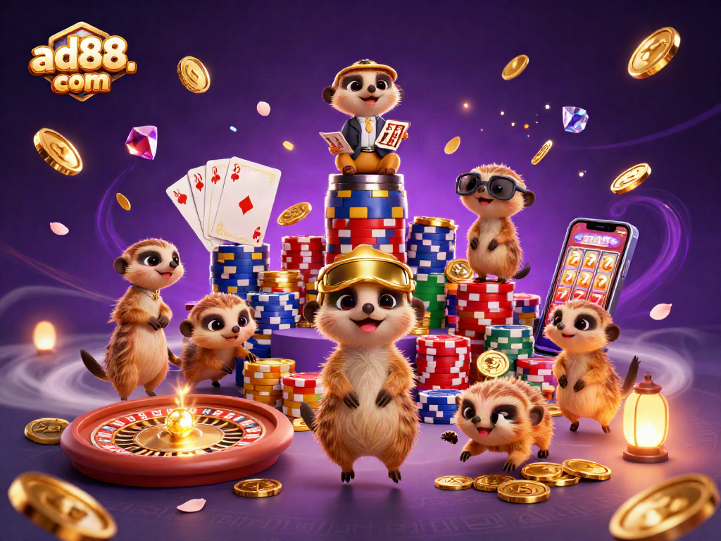 Experience excitement at ad88. com with meerkats orchestrating a vibrant casino scene.