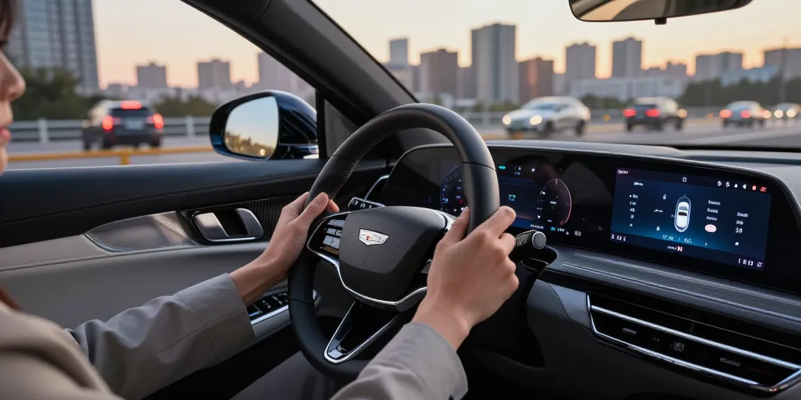Cadillac Lyriq adjusting driving modes showcasing how the driving modes in Cadillac Lyriq offer different ranges or battery usages? with city backdrop.