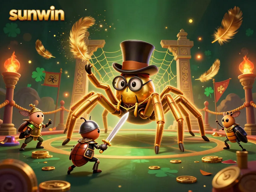 Experience excitement at sunwin while a giant golden tarantula weaves a web amidst casino pillars