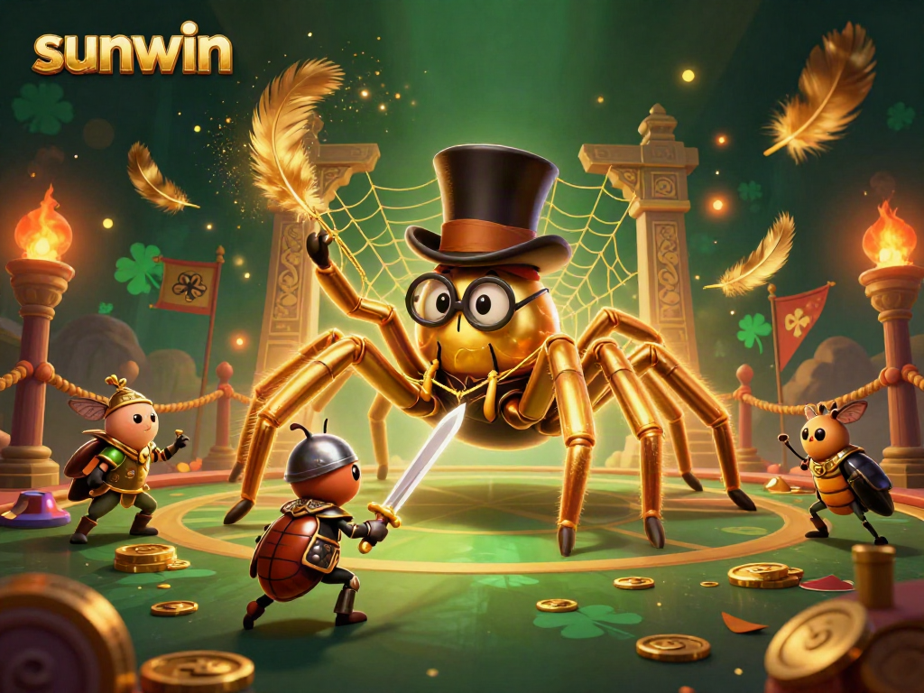 Experience excitement at sunwin while a giant golden tarantula weaves a web amidst casino pillars