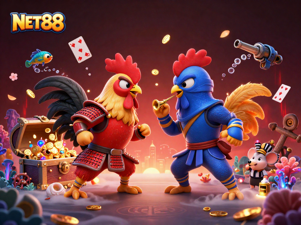 Engage with NET88 in a dynamic scene featuring roosters and vibrant casino elements.