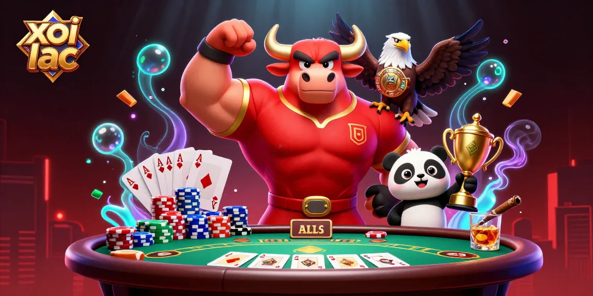 xoi lac sports betting scene with a muscular bull, eagle, and panda celebrating victory.