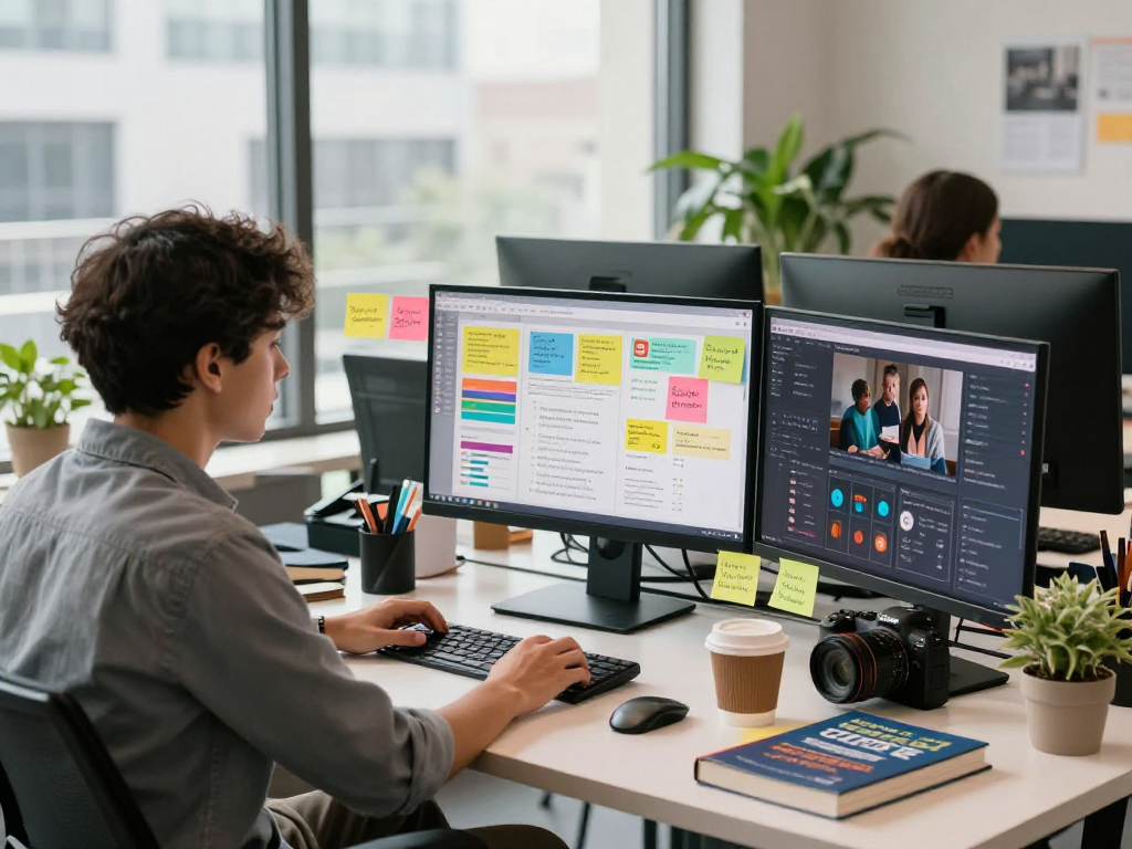 Innovative digital marketing workspace with seanbowieforaz strategies displayed on multiple screens.