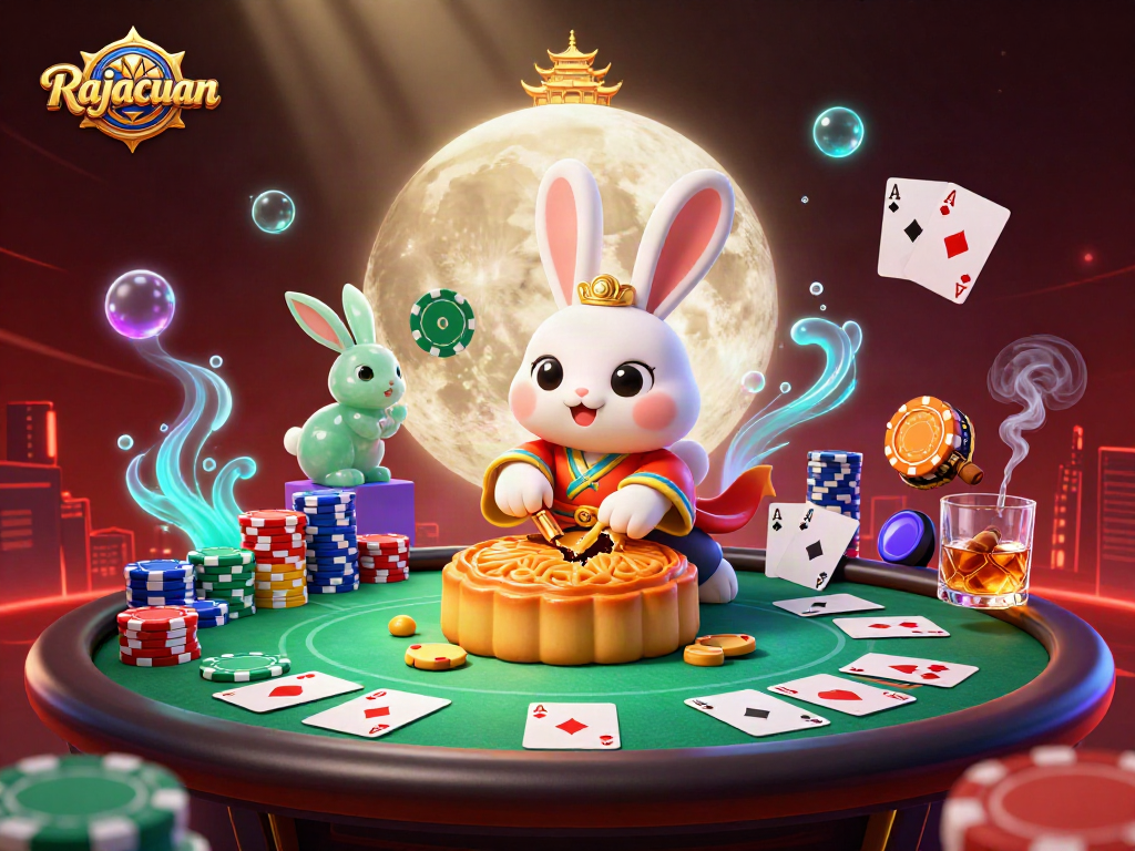 Rajacuan sparks a thrilling casino atmosphere with vibrant 3D moon rabbits and poker chips, ensuring excitement.