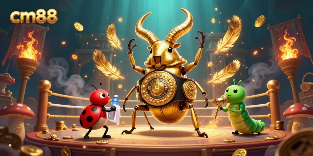 Engage players with cm88 casino games as a giant golden stag beetle battles in a vibrant arena.