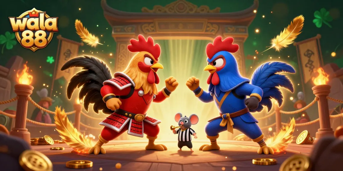 Watch the dramatic showdown of fighting roosters at wala 88 with golden feathers and explosive action.
