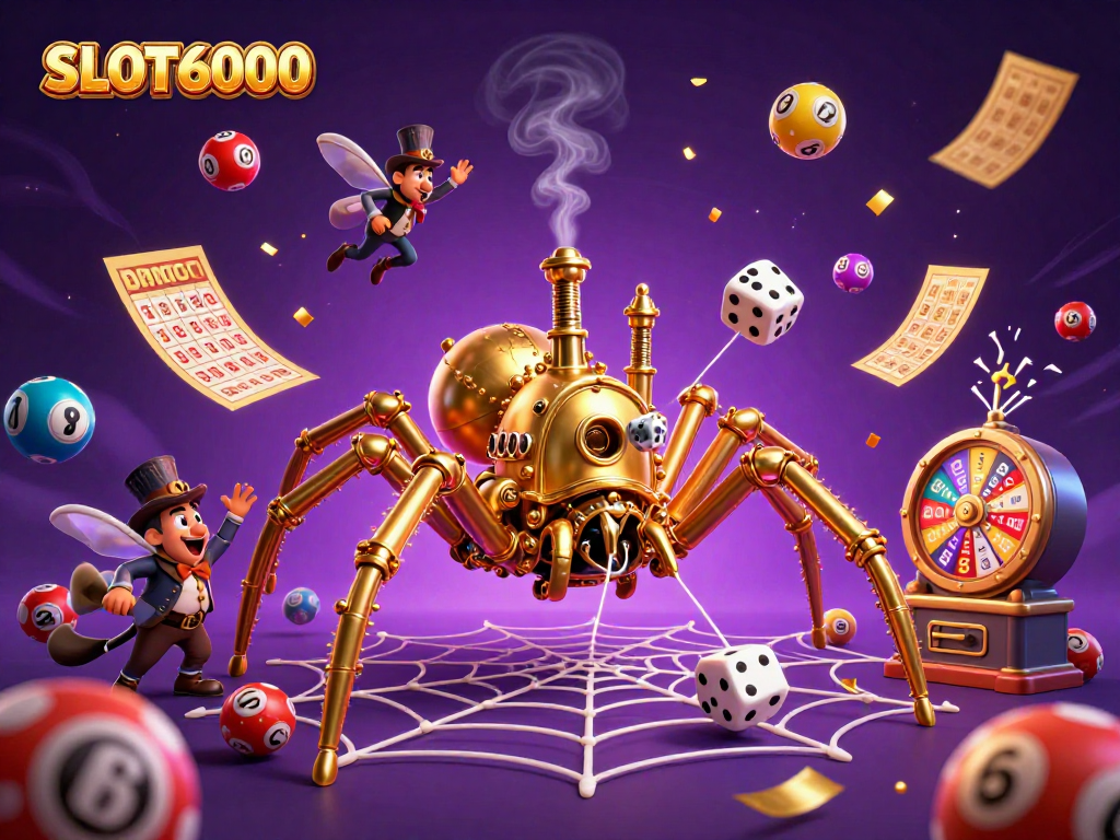 SLOT6000 features a steampunk spider catching dice, surrounded by vibrant lottery elements.