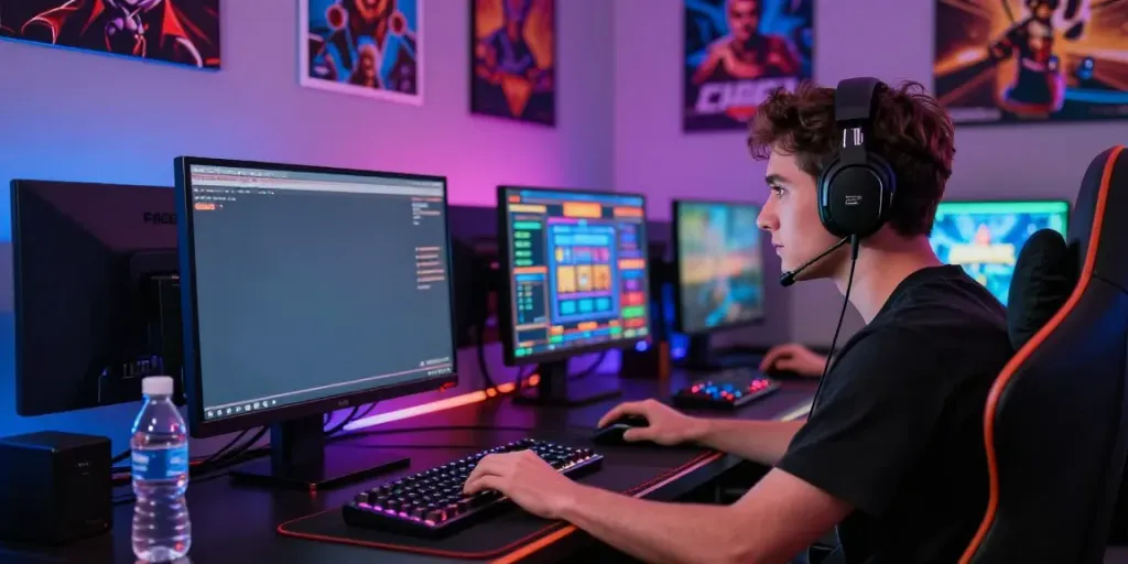 Player engaged in a slot online game surrounded by colorful LEDs and gaming gear.