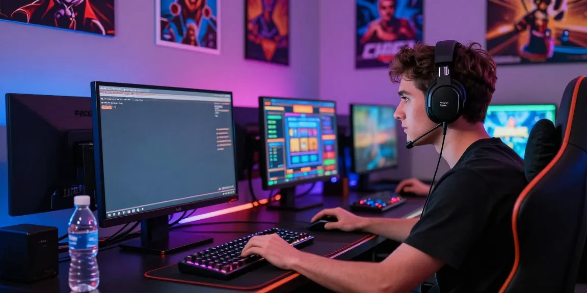 Player engaged in a slot online game surrounded by colorful LEDs and gaming gear.