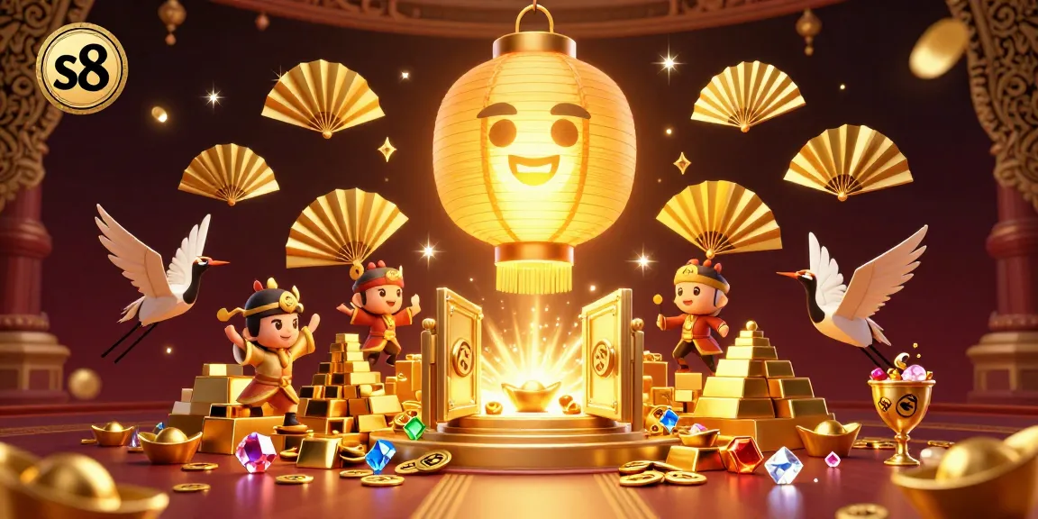 S8 promotes thrilling casino experiences with glowing symbols and rich treasures amidst a festive atmosphere.