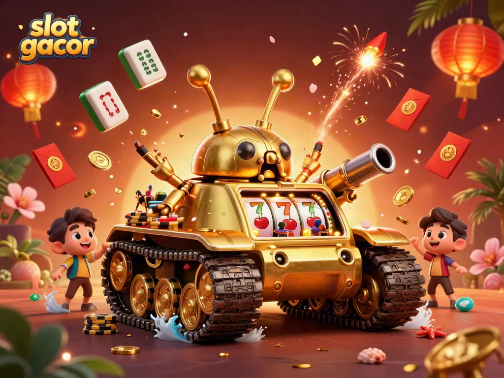 Experience the thrill of slot gacor with a vibrant casino scene featuring a golden beetle tank and spinning reels.