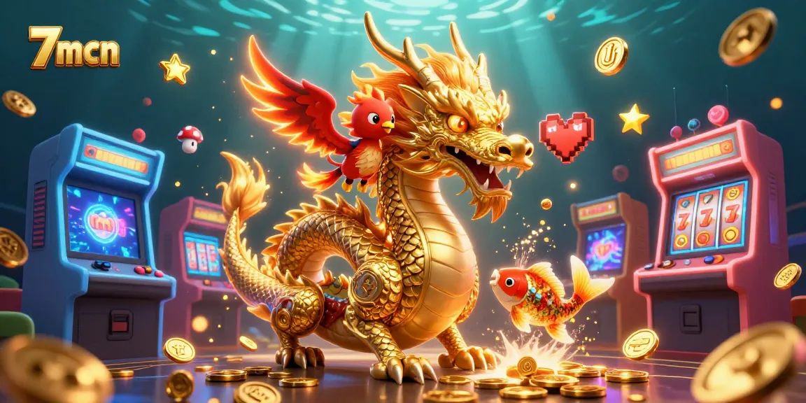 An energetic scene showcasing 7mcn with a fierce golden dragon and a lucky koi fish amidst dazzling casino elements.