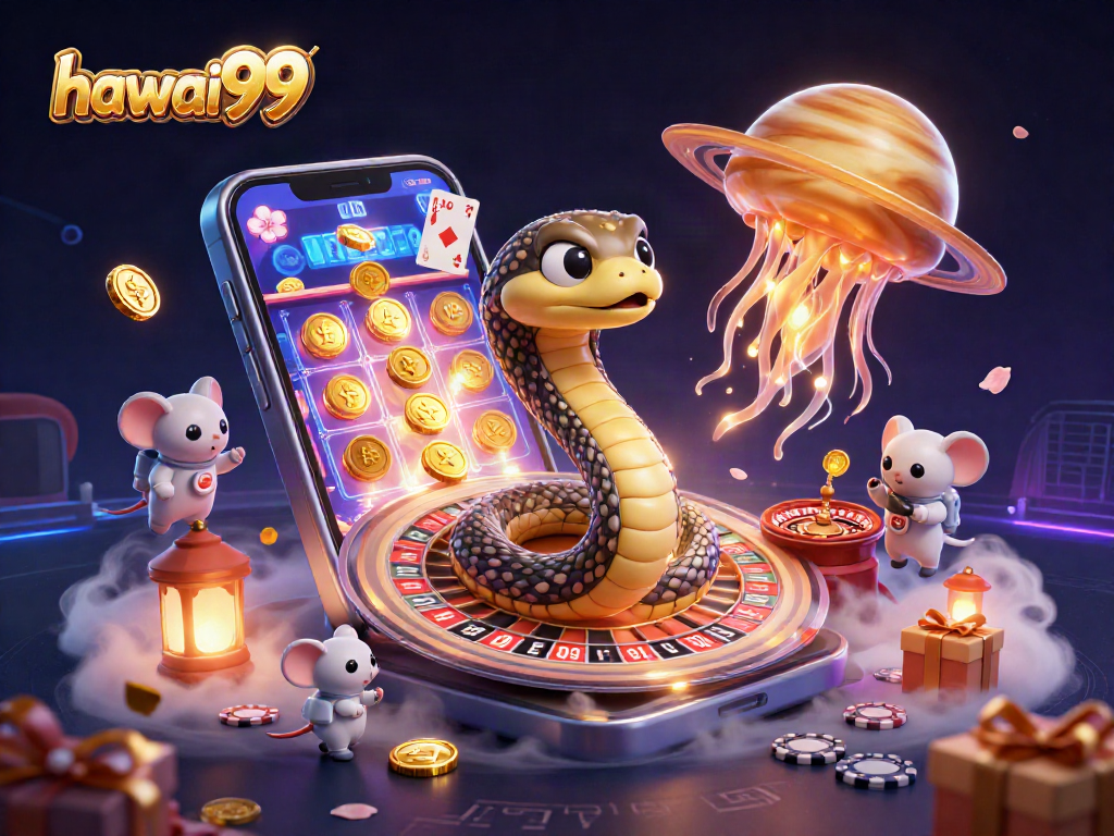 Engage with hawai99's vibrant cosmic gambling scene featuring astronaut mice and a golden jellyfish dealer.