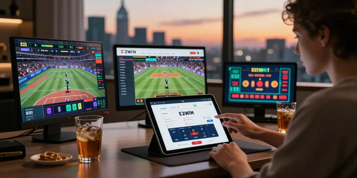 Nền tảng E2WIN với người dùng tương tác trên thiết bị hiện đại, tận hưởng cá cược trực tuyến sang trọng.
